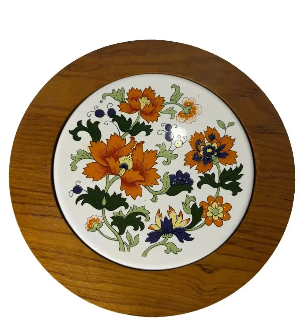Vintage Dolphin Teakwood Ceramic Floral Tile Serving Tray 8.5” Thailand MCM
